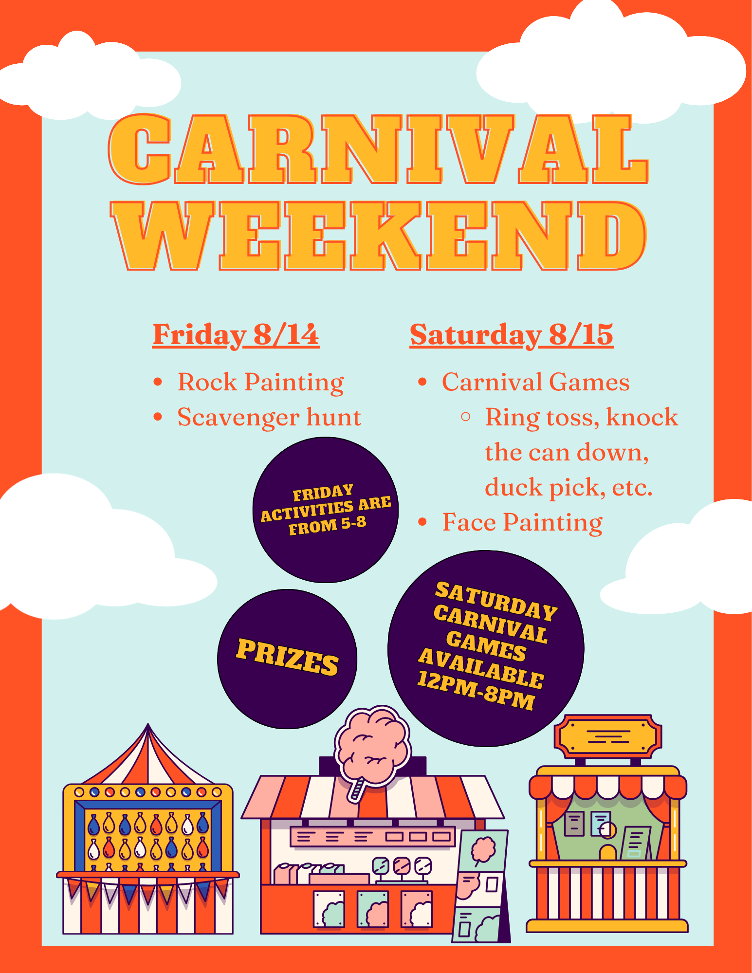 Colorful carnival weekend poster with event dates, activities like rock painting, scavenger hunt, carnival games, face painting, and prize information against a bright background with tents and booths.