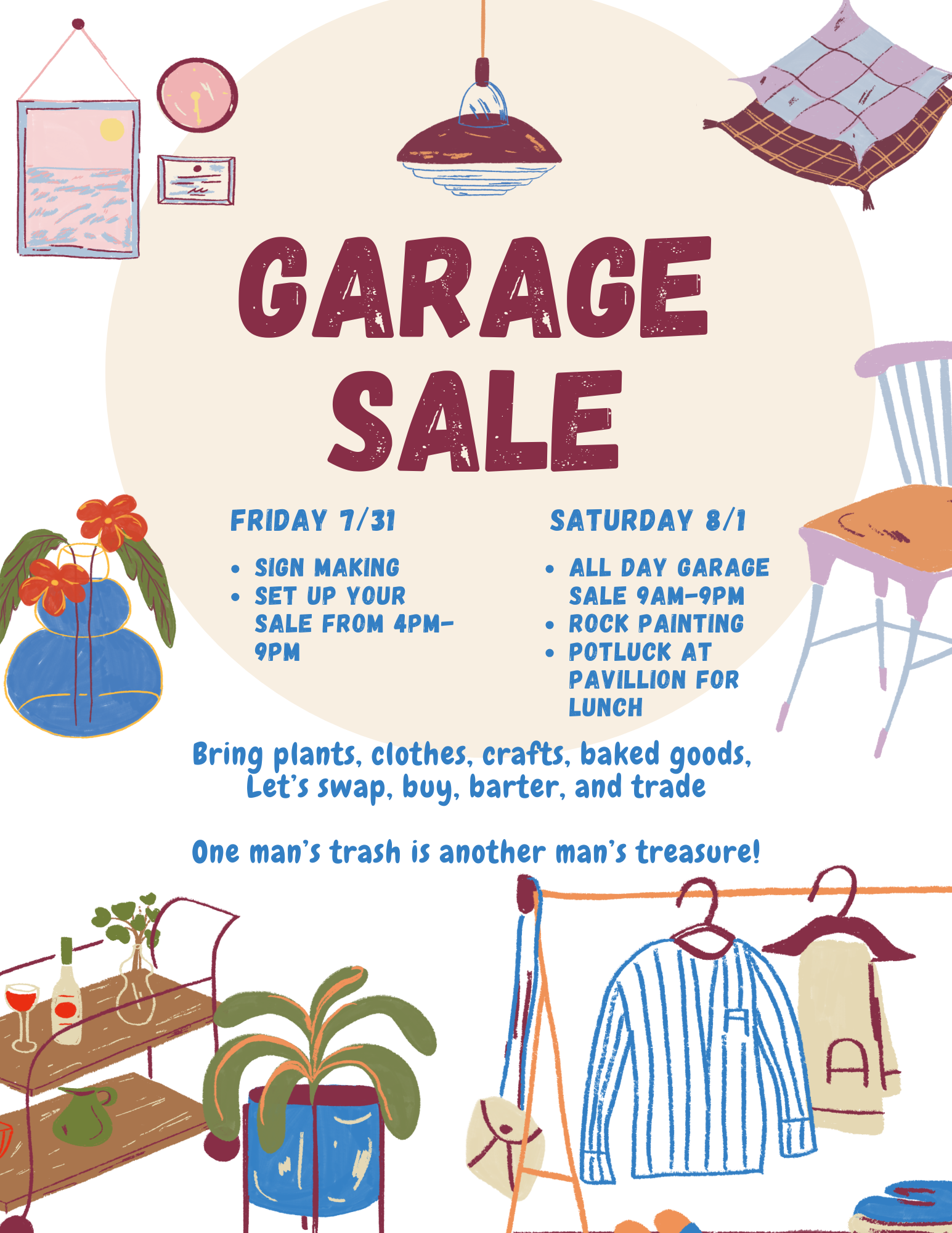 Colorful illustrated poster for a garage sale with event details for 7/31 and 8/1, images of plants, clothes, furniture, and a table, and a note about swapping or trading items.