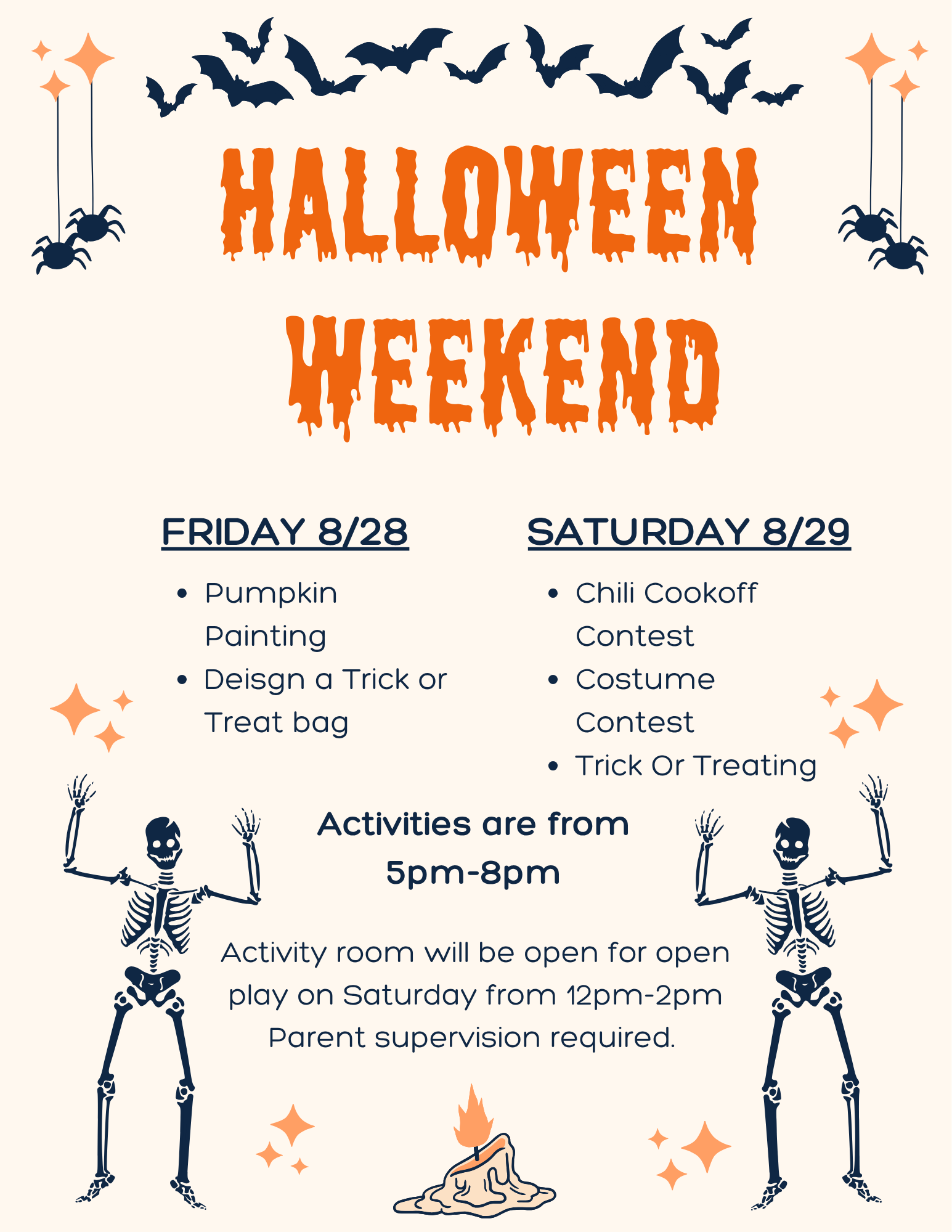 Halloween Weekend event flyer with bats, spiders, and skeletons, listing activities like pumpkin painting, costume contest, chili cookoff, and trick-or-treating scheduled for 8/28 and 8/29.