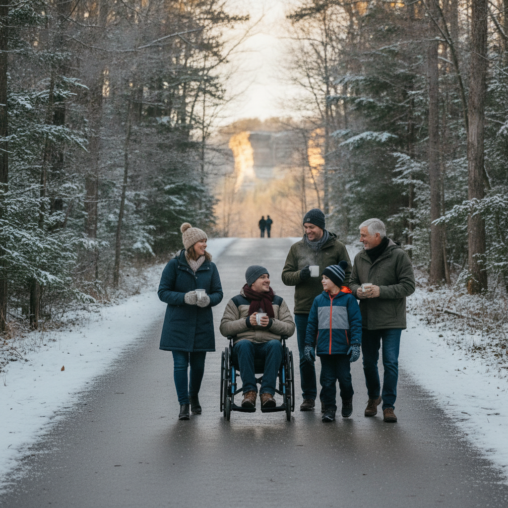 Family group walks with a wheelchair user along a snowy, paved path in a wooded Wisconsin Dells area, carrying hot drinks on a winter morning.