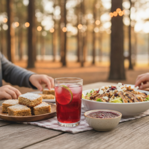 Cranberry spritzer with lime, cranberry dessert bars, cranberry chutney, and a grilled chicken salad with dried cranberries on a picnic table at a wooded Wisconsin Dells campground