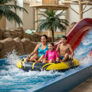 Parent and two kids ride a two-person raft on an indoor water coaster as water jets push them uphill at a Wisconsin Dells-style waterpark