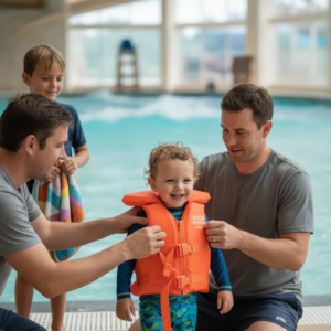 Parent tightens a USCG-approved life jacket on a young child at a Wisconsin Dells waterpark pool edge while another child waits with a towel nearby.