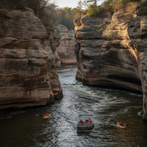 Family boat tour and kayakers in life jackets on a river narrowing between sandstone cliffs in Wisconsin Dells, with visible swirling currents in the channel.