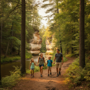 Family of four with daypacks walks a wooded trail beside the Wisconsin River, with sandstone cliffs in the distance in Wisconsin Dells, Wisconsin.
