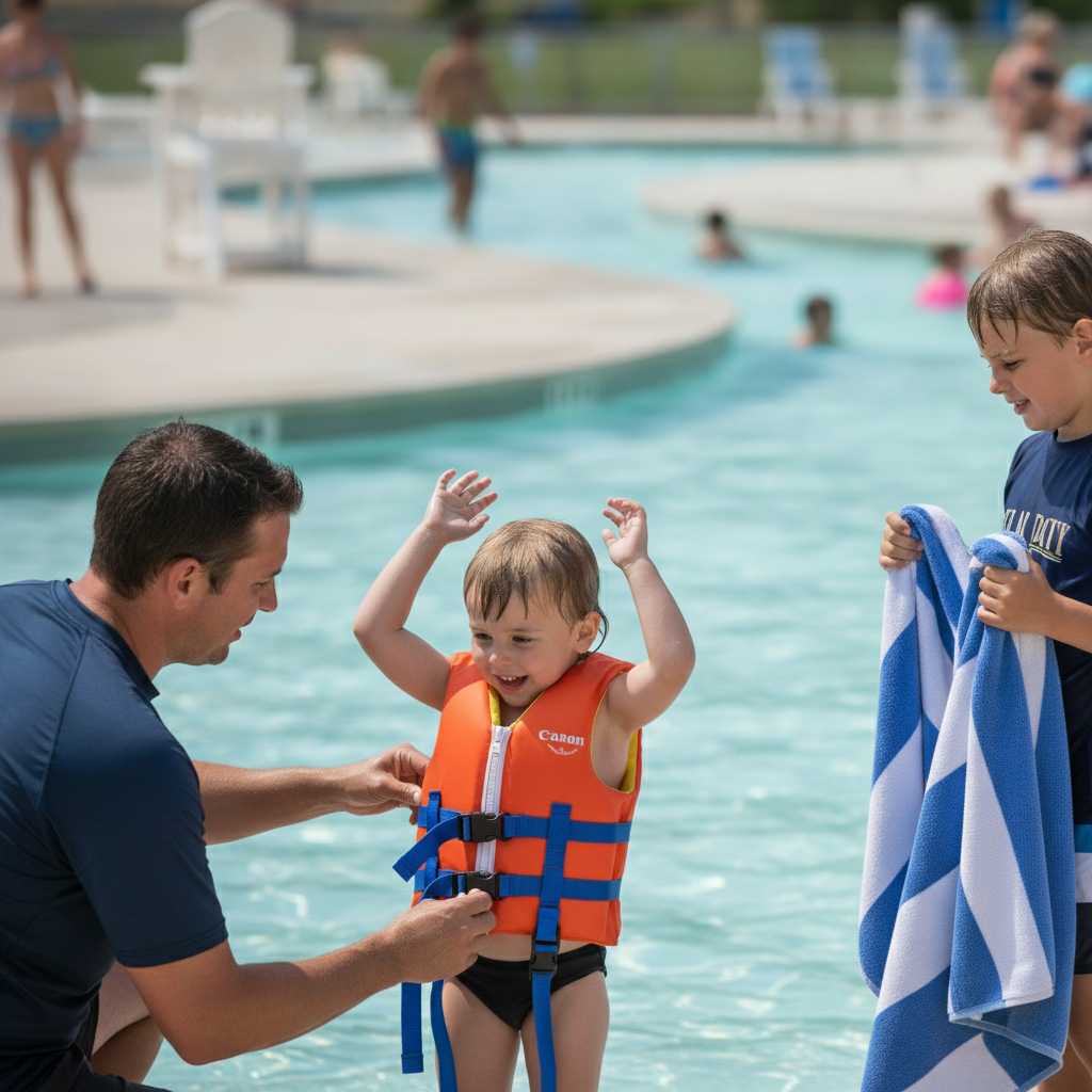 Parent fitting a foam life jacket on a young child beside a shallow waterpark splash area in Wisconsin Dells, Wisconsin