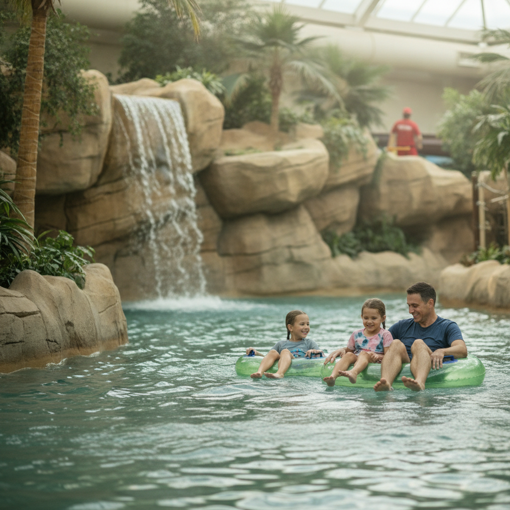 Parent and two kids float on inner tubes in a warm indoor lazy river in Wisconsin Dells, with a small waterfall feature in the background.