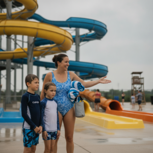 Parent holding towels and a dry bag guides two kids past a closed water slide at a Wisconsin Dells water park as they pivot to a backup plan.